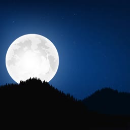 A bright full moon shining over dark pine tree covered mountain silhouettes against a starry night sky.