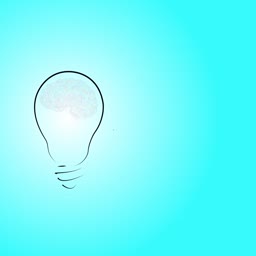 A creative illustration of a light bulb with a human brain inside on a gradient cyan background.