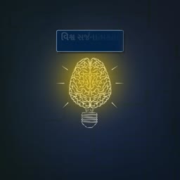 A glowing brain shaped like a light bulb against a dark blue background with Gujarati text above.