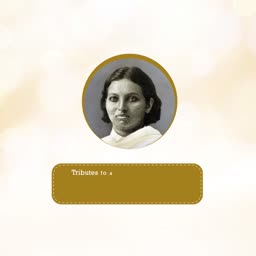 Black and white portrait of a historical Indian woman figure inside a gold circular frame with a tribute text box below
