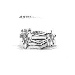 A hand-drawn pencil sketch of a stack of books with flowers in a vase and stationery