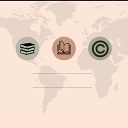 A graphic design featuring a faint world map background with icons representing books, literature, and copyright symbols.