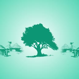 A minimalist graphic of a large central tree with stylized huts in the background on a light mint green gradient background.