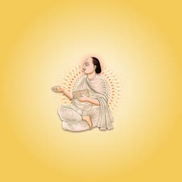 A peaceful illustration of a traditional Indian sage or spiritual figure in white robes seated against a yellow background.