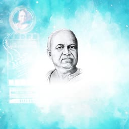 A portrait of P. V. Narasimha Rao against a bright blue watercolor background.
