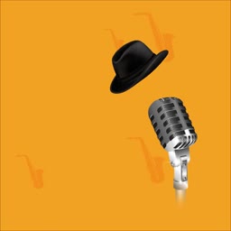 A fedora hat and a vintage silver microphone on an orange background with faint saxophone silhouettes