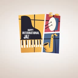 Stylized graphic illustration featuring a piano, drum set, and saxophone to celebrate International Jazz Day.