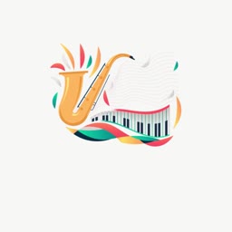 A creative illustration featuring a saxophone and piano keys with vibrant, flowing musical shapes on a light background
