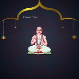 A peaceful digital greeting card featuring the Indian philosopher Sri Madhvacharya in a meditation pose, set against a dark background with golden temple arch detail.