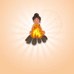 A cartoon illustration of a woman sitting by a bonfire during the Lohri festival