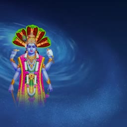 Lord Vishnu standing with traditional attire and serpent hood on a cosmic blue background