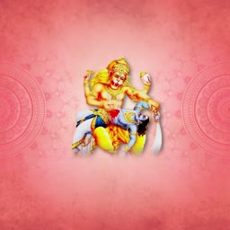 Lord Narasimha avatar of Vishnu destroying the demon Hiranyakashipu on a pink patterned background