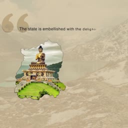 Buddha Park statue set within a map outline of Sikkim over a scenic landscape background