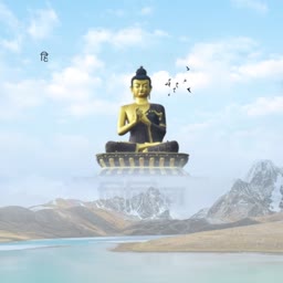 A golden Buddha statue sitting in lotus position against a bright sky with mountains and water in the foreground