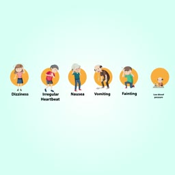An infographic showing six common health symptoms including dizziness, irregular heartbeat, nausea, vomiting, fainting, and low blood pressure.