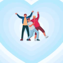 Three young friends laughing and celebrating in front of a blue heart background