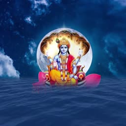 Lord Vishnu resting on the cosmic ocean with Sheshnag, the serpent, and a full moon background