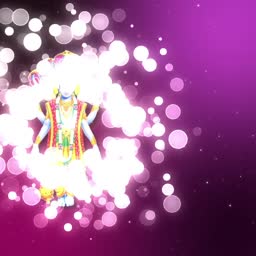 Lord Vishnu standing amidst a glowing purple bokeh background with divine light effects