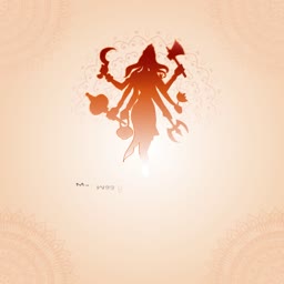 A minimalist silhouette illustration of Goddess Durga holding various symbolic weapons against a light orange background with subtle mandala patterns.