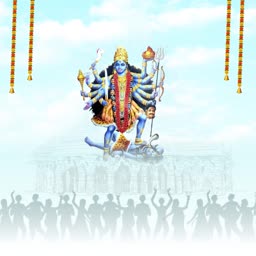 Goddess Kali standing on Lord Shiva with devotees in background