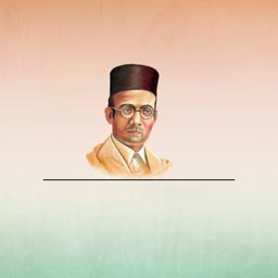 A digital art portrait of Indian independence activist Vinayak Damodar Savarkar against a tricolor gradient background