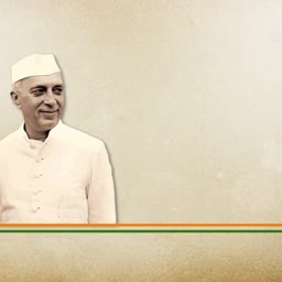 Portrait of Jawaharlal Nehru with tricolor stripes at the bottom on a vintage paper textured background