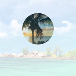 A circular cutout of a sunset palm tree scene overlaid on a bright beach landscape