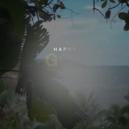 A serene tropical landscape view framing a sunset with the text Happy Go Lucky