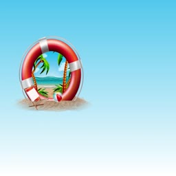 A lifebuoy floating over a tropical beach scene with palm trees and a lounge chair