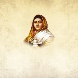 A portrait of Sarada Devi, a prominent Indian spiritual figure, on a textured beige background.