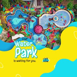 Aerial view of a colorful water park with pools and play equipment for family summer fun