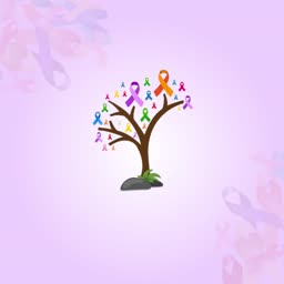 A creative illustration of a brown tree with colorful awareness ribbons acting as leaves against a light purple background.