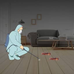 A person in a protective suit spraying chemicals on a wooden floor in a living room