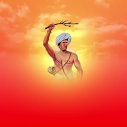 An artistic illustration of tribal freedom fighter Birsa Munda against a vibrant sunset background.