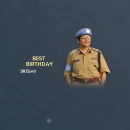 An Indian female police officer in a blue UN beret with birthday wishes overlay.