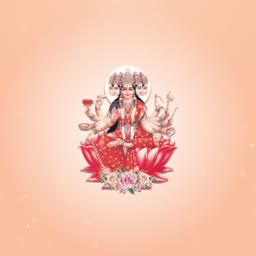 Hindu deity Goddess Gayatri sitting on a lotus flower in a soft peach background
