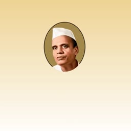 A man wearing a traditional white Gandhi cap, styled in a circular portrait frame against a gradient background.