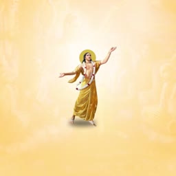 Lord Chaitanya Mahaprabhu performing ecstatic dance with arms raised against a glowing golden background
