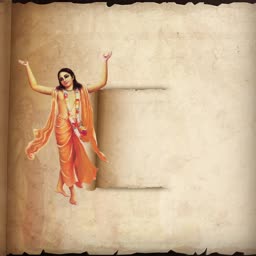 An artistic depiction of Chaitanya Mahaprabhu dancing against a vintage scroll parchment background
