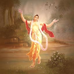 Chaitanya Mahaprabhu depicted in a joyful, dancing pose amidst a spiritual landscape