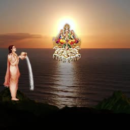 Lord Surya riding a chariot with a devotee offering holy water at sunrise
