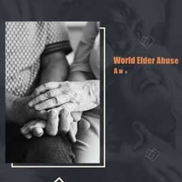 Black and white photo of elderly hands being held by younger hands with text about elder abuse awareness