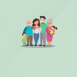 A cartoon illustration showing a large, happy multigenerational family standing together on a light green background.