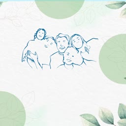 A minimalist line art drawing of a happy family on a soft green botanical background