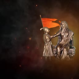 Bronze statue of Jijabai sitting and young Shivaji Maharaj standing with an orange flag against a smoky background
