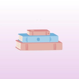 A minimalist illustration of three pastel-colored books stacked on top of each other against a soft pink gradient background.