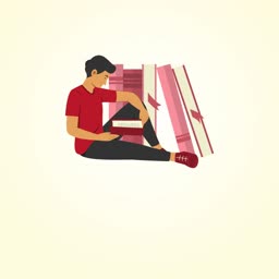 An illustration of a young man sitting on the floor reading a book with a stack of books behind him.