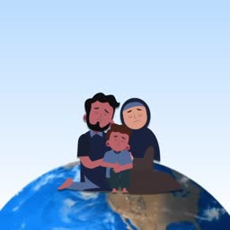 A cartoon illustration of a sad family of three sitting together on top of a stylized globe representing global displacement.