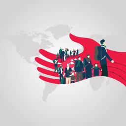 A large red hand protecting a group of refugees moving across a world map background.