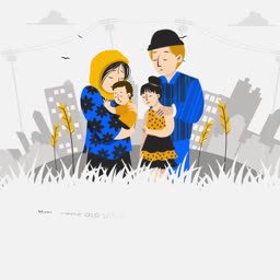 A stylized flat illustration of a mother, father, son, and daughter standing together in a grassy landscape with a city silhouette in the background.